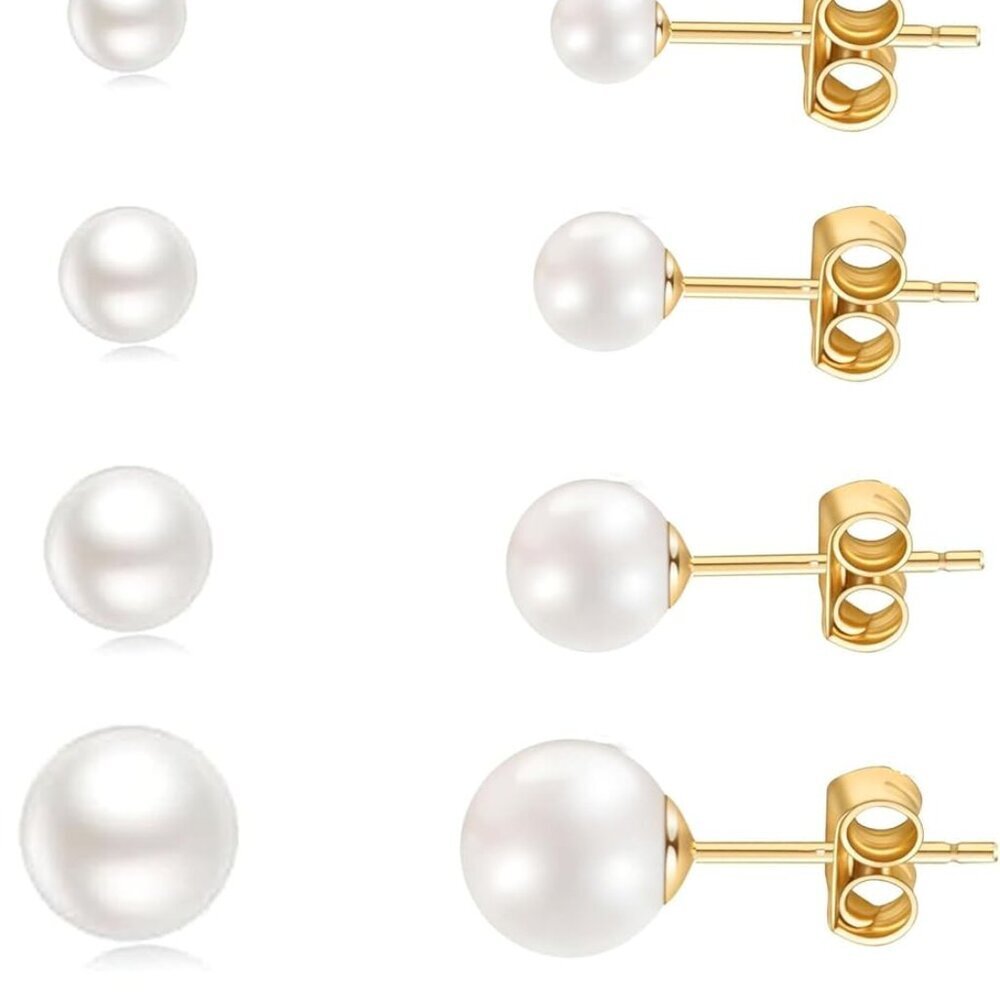 14K Gold Filled Small Pearl CZ Ball Stud Earrings Set for Men Women - Hypoallerg